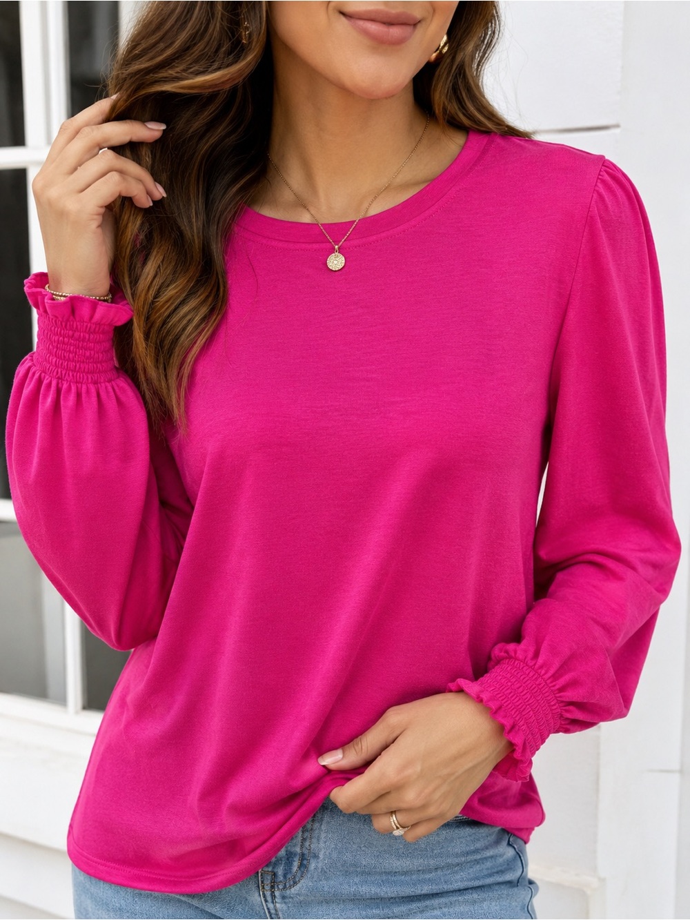 Crown & Ivy Light & Bright Pink Puff Sleeve Top Smocked Cuff Blouse Size Small